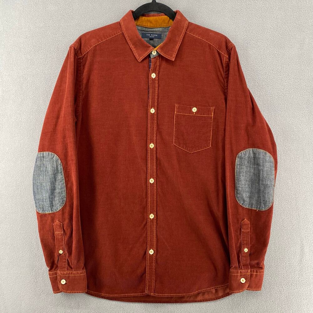 Ted Baker Corduroy Elbow Patch Button Down Shirt Mens S Brown Long Sleeve Casual